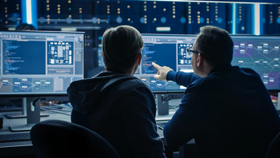 Two male coworkers in control room